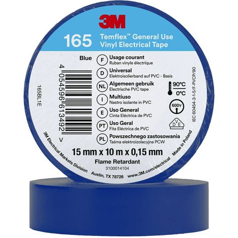 3M Temflex Nastro elettrico in vinile 165, blu, 15 mm x 10 m, 100 rotoli (1/5)