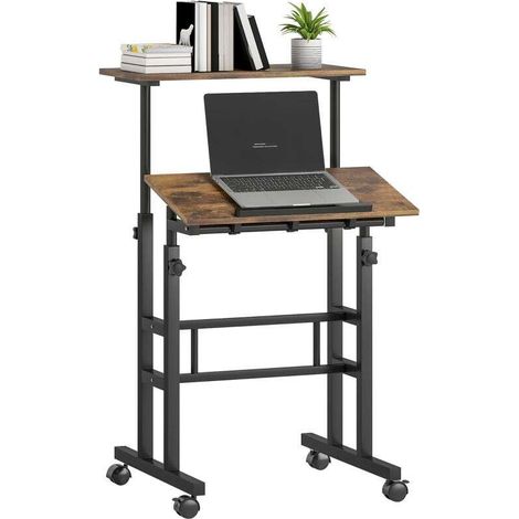 Bureau réglable en hauteur avec étagère sur roulettes, style rustique brun, dimensions 60x60x70,5-120 cm. Idéal pour tous les espaces. (1/5)