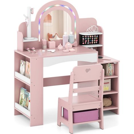 Set da toeletta per bambini con specchio, luci e sedia - Rosa