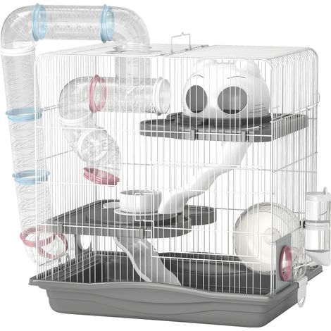 Gabbia per Criceti a 3 Livelli 45x30x45 cm e 14 Tubi con Casetta Rampa e Accessori in Metallo e Plastica Grigio (1/5)