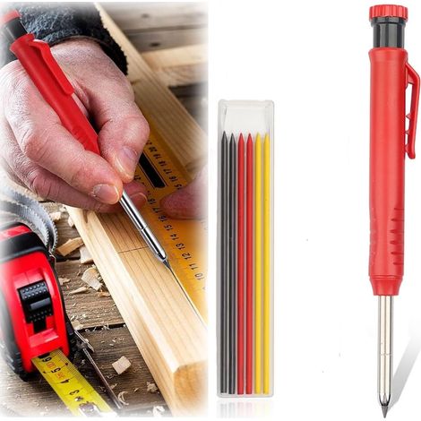 Portaminas automático para carpintería, 6 minas, lápiz sólido, agujero profundo, fabricación automática, mina larga (roja).