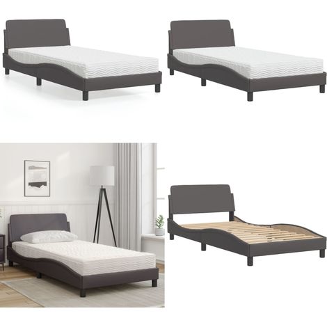 Bett mit Matratze Grau 100x200 cm Kunstleder - Schlafzimmer Möbel - Doppelbett - Boxspringbetten - Betten Mit Matratze - Kunstleder Bett - Home & Living (1/5)