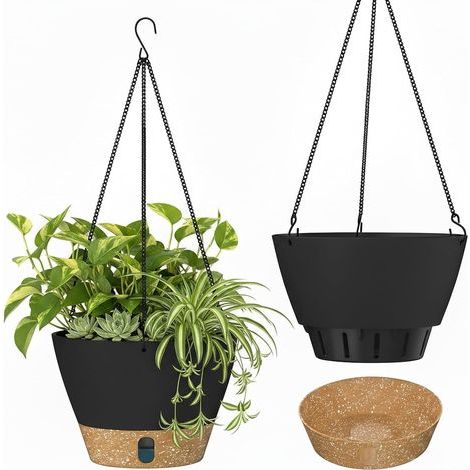25 cm Hangende Plantenpot 10 Inches Tuinornamenten Bloempotten met Zichtbaar Waterpeil Bak Drainagegaten Verwijderbare Schotel voor Binnen Buiten Planten (Donkergrijs) (1/5)