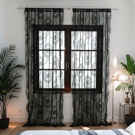 Rideaux en dentelle deux pièces, style bohème vintage, broderie florale transparente avec volants, sac à tringle, 140200cm, noir (1/5)