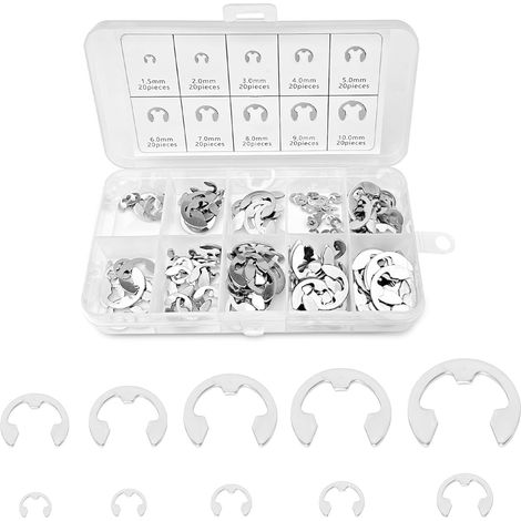 200 Stück interne Sicherungsringe aus Edelstahl, externer E-Clips-Sicherungsring, Sicherungsring mit Aufbewahrungsbox, 10 Größen Sicherungsring 1,5 mm–10 mm für gerillte Wellenbolzen
