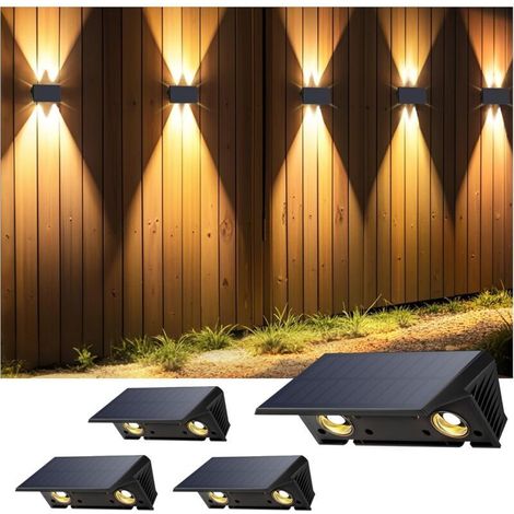 Outdoor solar wall light, warm white light, 1,500 mAh, IP67 waterproof, 4 pieces, for garden fencing (1/4)