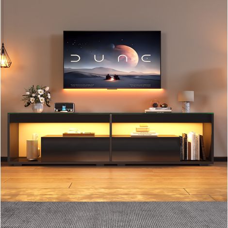 Mueble TV LED negro brillante 180 x 40 x 46 cm, 2 cajones, para TV de hasta 70 pulgadas DESVIAE (1/5)