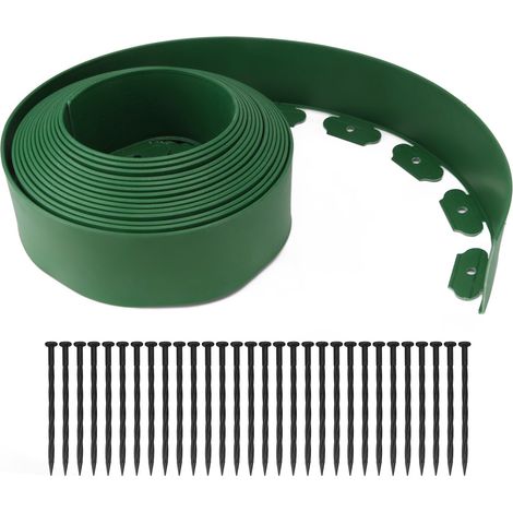 Kit de bordure de jardin sans creuser en polyéthylène, vert, 10 x 5 x 1000 cm, bordure haute avec piquets pour pelouse et parterre de fleurs (1/5)