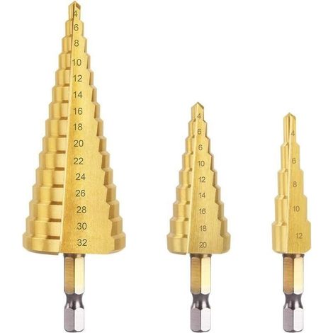 3PCS Foret Étagé Métal, 4-12/20/32mm Fraise Etage Metal Triangle Conique Titane, Meche Etage Tige à Hexagone pour Visseuse sur Métal Acier, Bois, Laiton, Aluminium, Plastique (1/4)