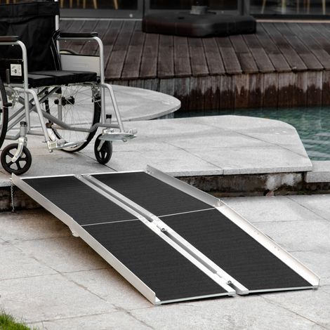 Rampe de chargement pliable, rampe d'accès antidérapante pour fauteuil roulant. Bordures de sécurité, max 270 kg, aluminium noir, robuste et facile à transporter partout. (1/5)