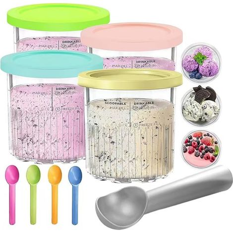 Juego de 4 recipientes para heladeras, 680 ml, sin BPA, aptos para lavavajillas, para máquinas de helados. (1/5)