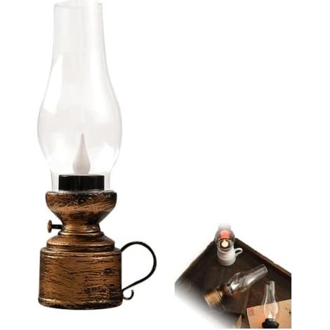 Lampe à kérosène LED vintage - Sans flamme - Fonctionne avec piles - Bougie vacillante - Cheminée transparente et poignée - Lanterne de table rétro pour décoration d'intérieur, ambiance de vacances [C (1/5)