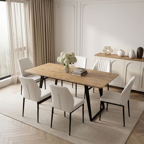 HIPIHOM Table à Manger Extensible pour 4 à 6 Personnes, Table Extensible 130-170 cm, Hauteur 76 cm, Largeur 85 cm, Plateau en MDF, U Pieds en Métal, Charge max 100 kg (Table,6 Chaises-Beige) (1/5)