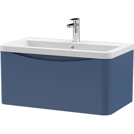 Nuie Lunar Satin Blue 800mm Wall Hung Single Drawer Vanity Unit and Ceramic Basin - LUN306A (1/3)