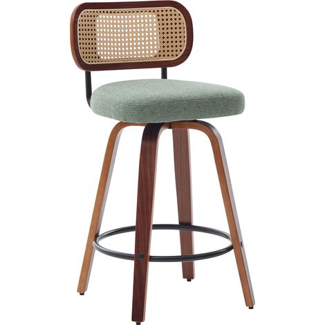 Ensemble de 3 tabourets de bar pivotants 66 cm, sièges hauts en rotin cintré noyer, coussins lin vert avec repose-pieds métallique, chaises de style vintage pour comptoir de cuisine, DE3766OL (1/5)