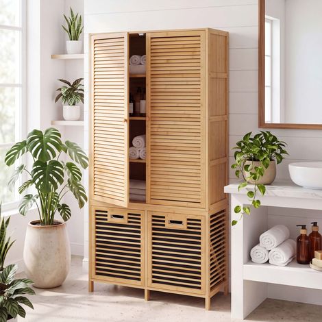 Bambus-Badezimmerschrank HHG-595, Badregal Schrank, 2 Wäschekörbe Türen MVG 168x82x34cm natur, Korb anthrazit