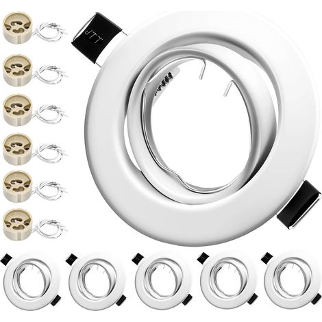 Set of 6 GU10 Recessed Spotlights, Matt White Frame ceramic socket, 30° swivel, diameter 68-80 mm. For 50mm LED/Halogen Bulbs Bulb not included. (1/5)