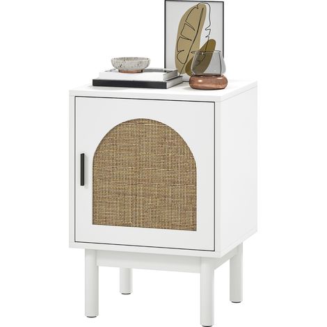 Table nuit, porte rotin, pieds bois, blanc, 40x35x58 cm, étagère réglable, style bohème (1/5)