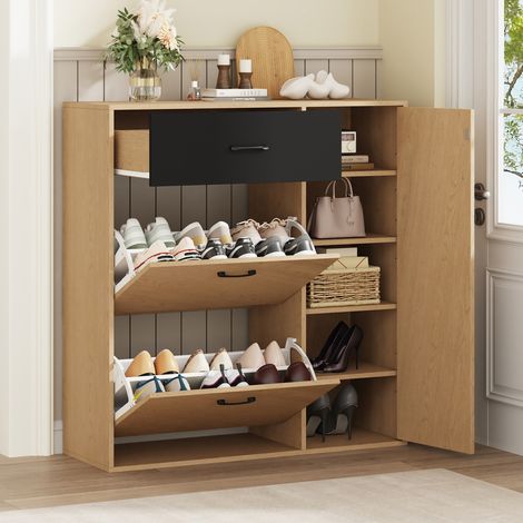 Meuble à chaussures – 100x35x106 cm – faible profondeur – 5 compartiments – 1 tiroir – 2 portes basculantes – bois et noir (1/5)