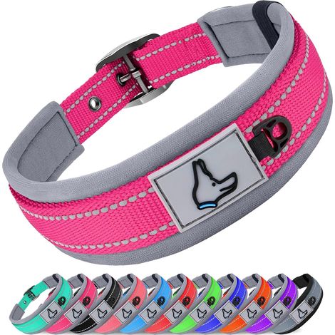 Collier Chien, Réglable Moyens Collier pour Chien Rembourré, Bandes Réfléchissant, Rose Vif, M (1/5)