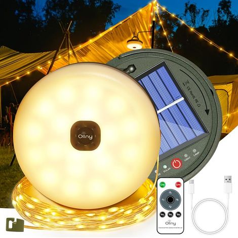 Guirlande lumineuse solaire de camping enroulable, 3 en 1, rechargeable, LED, avec 8 modes d'éclairage, étanche, USB, pour décoration de tente, de jardin (10 m) (1/5)