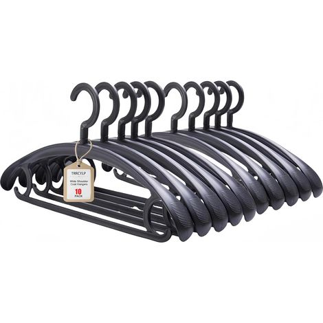 Lot de 10 cintres en plastique robustes, capacité 11,3 kg, crochet pivotant, épaules larges, antidérapants, renforcés, noirs, pour vêtements lourds (1/5)