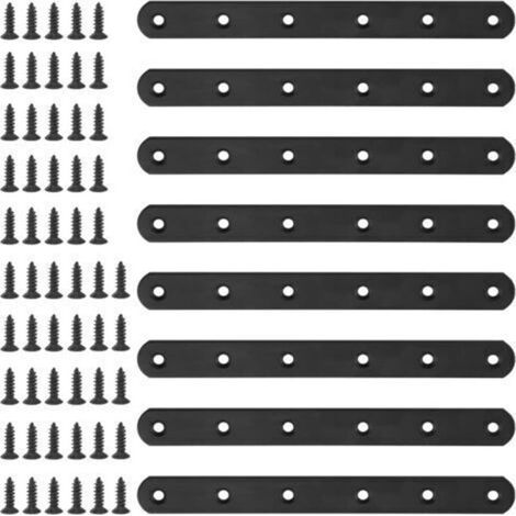 A set of 8 flat straight black metal mounting brackets 200mm with 55 screws for wooden furniture (200 x 20 x 3mm). (1/4)