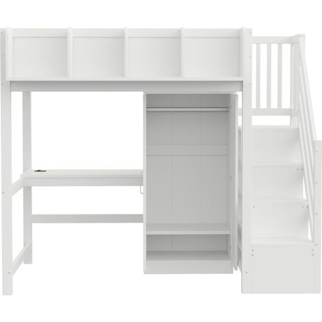 Hochbett 90 x 200 cm mit Schreibtisch, Kleiderschrank, LED und Steckdosen, Weiß (1/5)