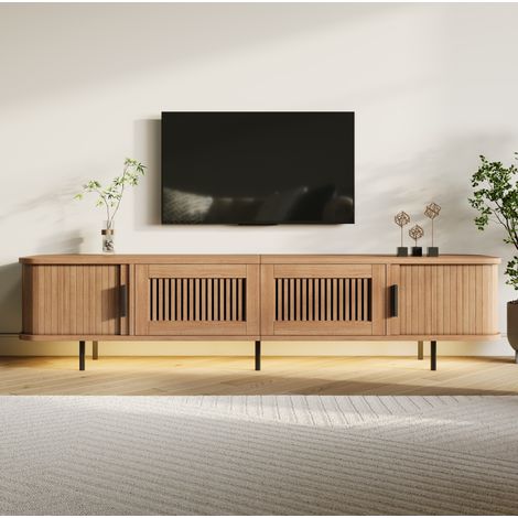 Meuble TV 180 cm avec lumière LED, 2 tiroirs, 2 portes coulissantes et panneau à motif 3D, en bois naturel (1/5)