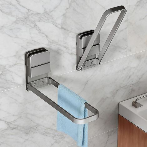Portasciugamani pieghevole con ventosa, non necessita di foratura, set da 2, colore grigio. Ideale per gli ospiti, la cucina e per appendere gli asciugamani. (1/5)