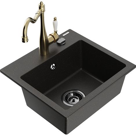 Mexen Milo lavello in granito a 1 vasca con miscelatore da cucina Carla, nero/oro metallico - 6505-75-670700-50-B (1/5)