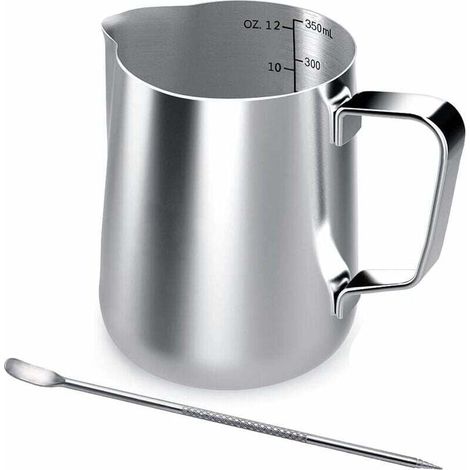 Pot à lait en acier inoxydable, 350ml à main levée Café Pot à lait Lait Pichet Pichet Tasse avec mesure Mark et Latte Art Pen, Milk pitcher carafes pour la création Barista Cappuccino Espresso (1/4)