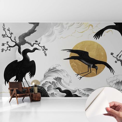 Papier peint adhésif décoratif pour salon chambre et cuisine Facile à poser avec colle Grues noires 416x254 cm (1/5)