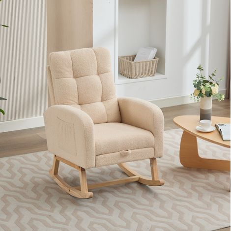 Poltrona a dondolo 132x50x99 cm beige, schienale alto, tessuto bouclé e legno, MEUBLIV (1/5)