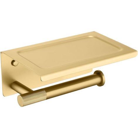 Wall-mounted toilet paper holder in brushed gold brass with shelf, for bathroom and WC (1/2)