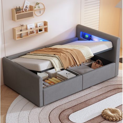 Lit enfant 90 x 200 cm rembourré en tissu gris avec LED, USB et rangement hydraulique (1/5)