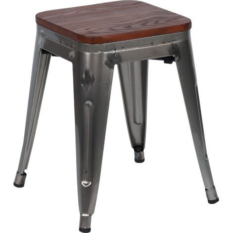 Taburete Bajo Industrial Apilable de Acero y Madera 38x38x46cm Thinia Home