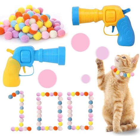 100 Stück Katzenbälle mit Werfer, interaktives Katzenspielzeug, Pomponbälle mit 2 Werfern und 100 bunten und weichen Pomponbällen, lustiges Katzenspielzeug für drinnen.