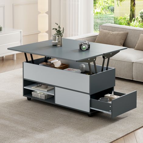 DESMIU Table basse relevable avec 1 tiroir, 1 armoire et roulettes, pour salon, gris blanc, 100 × 98 × 65 cm (1/5)