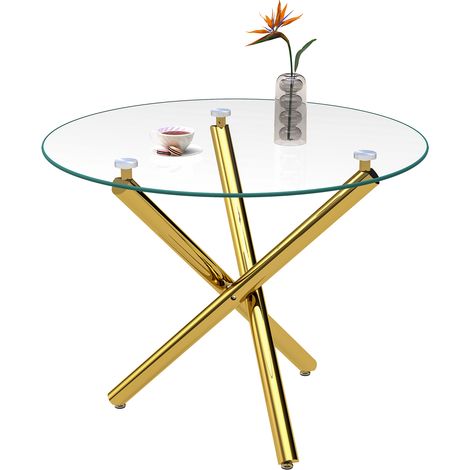CAIziTable ronde en verre trempé, pieds dorés, 80x80x76 cm moderne design