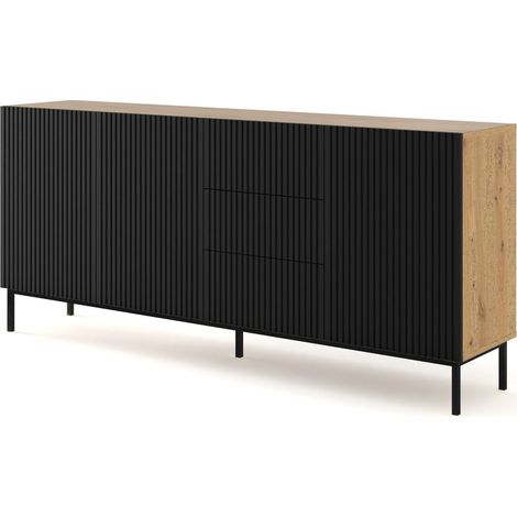 Commode de rangement Meuble Couleur Chêne Artisan Mat 200x42x89 RAVI B FILET 2D3S Pied Cadré Noir (1/3)