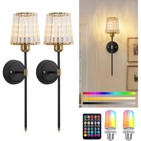 Applique Murale Sans Fil en Cristal Lot de 2, Noir Lampe Interieure Rechargeable, LED Appliques Batterie Murales avec Télécommande, RGB Amovibles et Dimmables E27 Ampoule Pour Salon Couloir (1/5)
