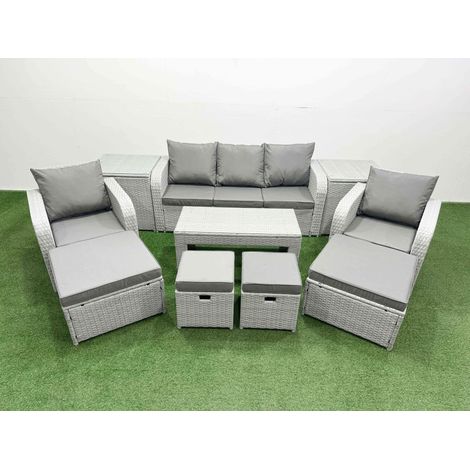 Fimous PE Wicker Rattan Furniture Sofa Sets with Oblong Coffee Table 3 Seater Sofa 4 Stools 2 Side Tables Light Grey Mixed (1/4)
