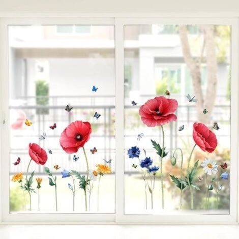 Window Flower Sticker Decorative Anti-Collision Decals Dragonflies Butterflies Green Leaves Non-Adhesive Window Cling 30 x 54cm (1/5)