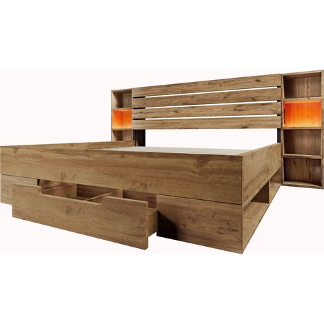 Cama doble 160x200 con almacenaje, LED y puertos USB-C, acabado roble, HOMVRA (1/5)