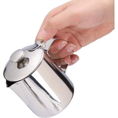 Jarra de leche de acero inoxidable con tapa，jarra para espumar leche，taza de café de acero inoxidable，jarra de leche para café con leche (350 ml) (1/5)