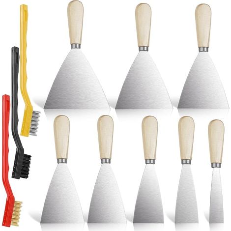 Set of 11 Paint Scrapers Coated Spatula, 8 Pieces Coating Knife + 3 Pieces Metal Brush, Stainless Steel Spatulas for DIY and Renovation Work (1/5)