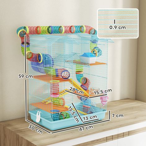 Cage colorée pour hamster avec 5 étages, tubes, roues, maison et accessoires, 47 x 30 x 59 cm, bleue (1/5)