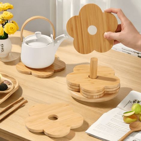 Sets de table en bois, dessous de verre résistants aux hautes températures, sets de table ronds anti-brûlures et antidérapants, coussinets isolants 4 pièces + 1 tapis (1/5)