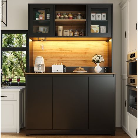 Küchenschrank 120x40x180 cm schwarz aus MDF und Metall mit Acryltüren, LED-Beleuchtung und Abfallfach (1/5)